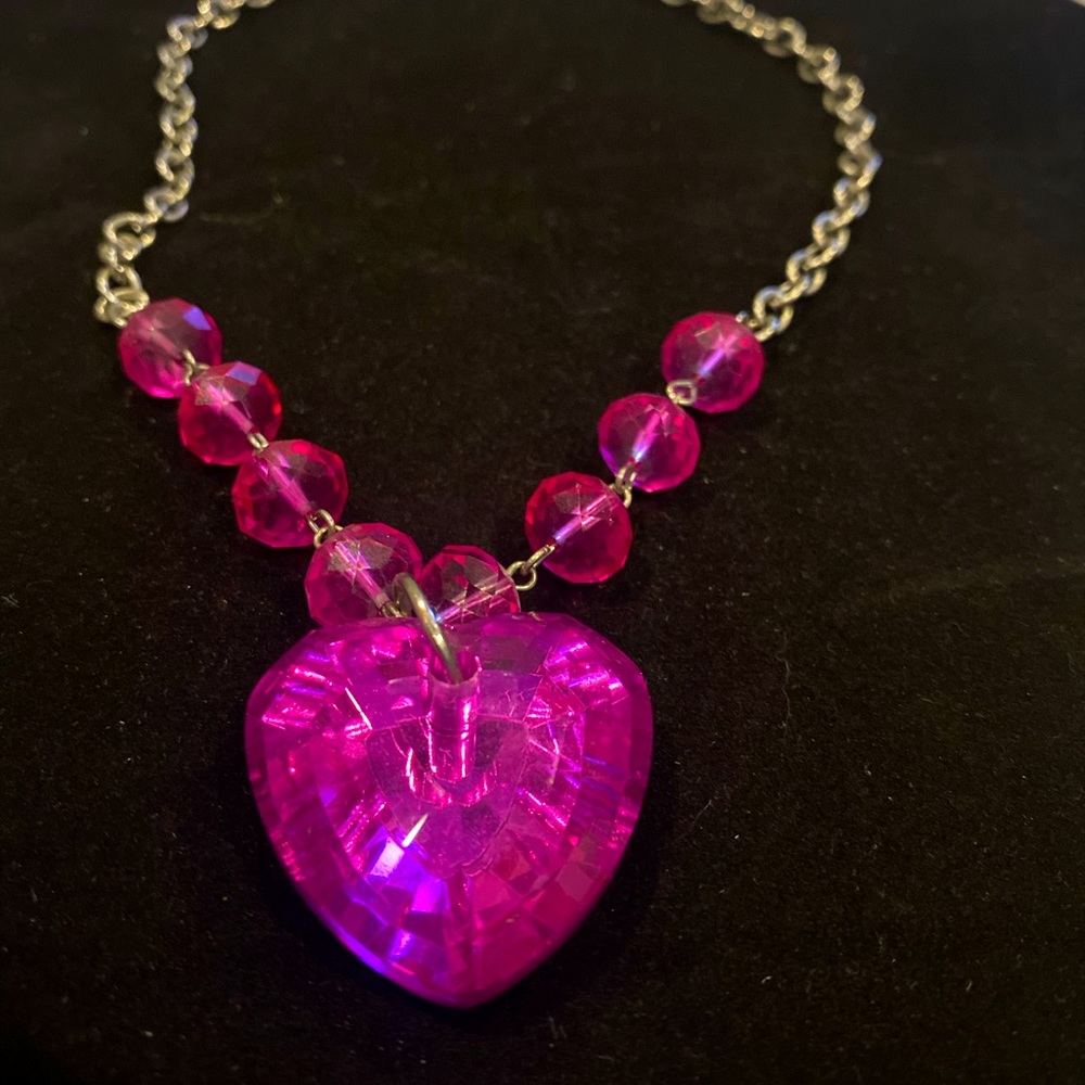 Hot Pink Crystal  Hesrt Pendant Necklace